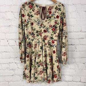 Floral Long Sleeve Skater Dress Cream Red Green Boho Cottagecore M